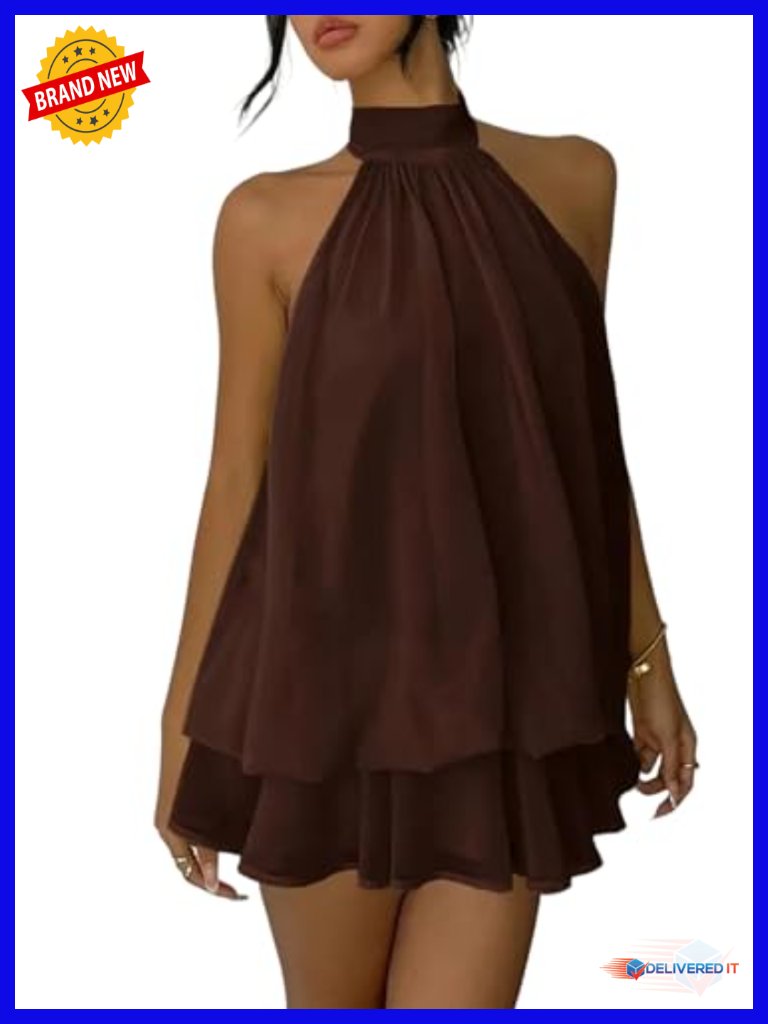 Chiffon Halter Neck Backless Ruffle Flowy Mini Dress Wedding Guest Party